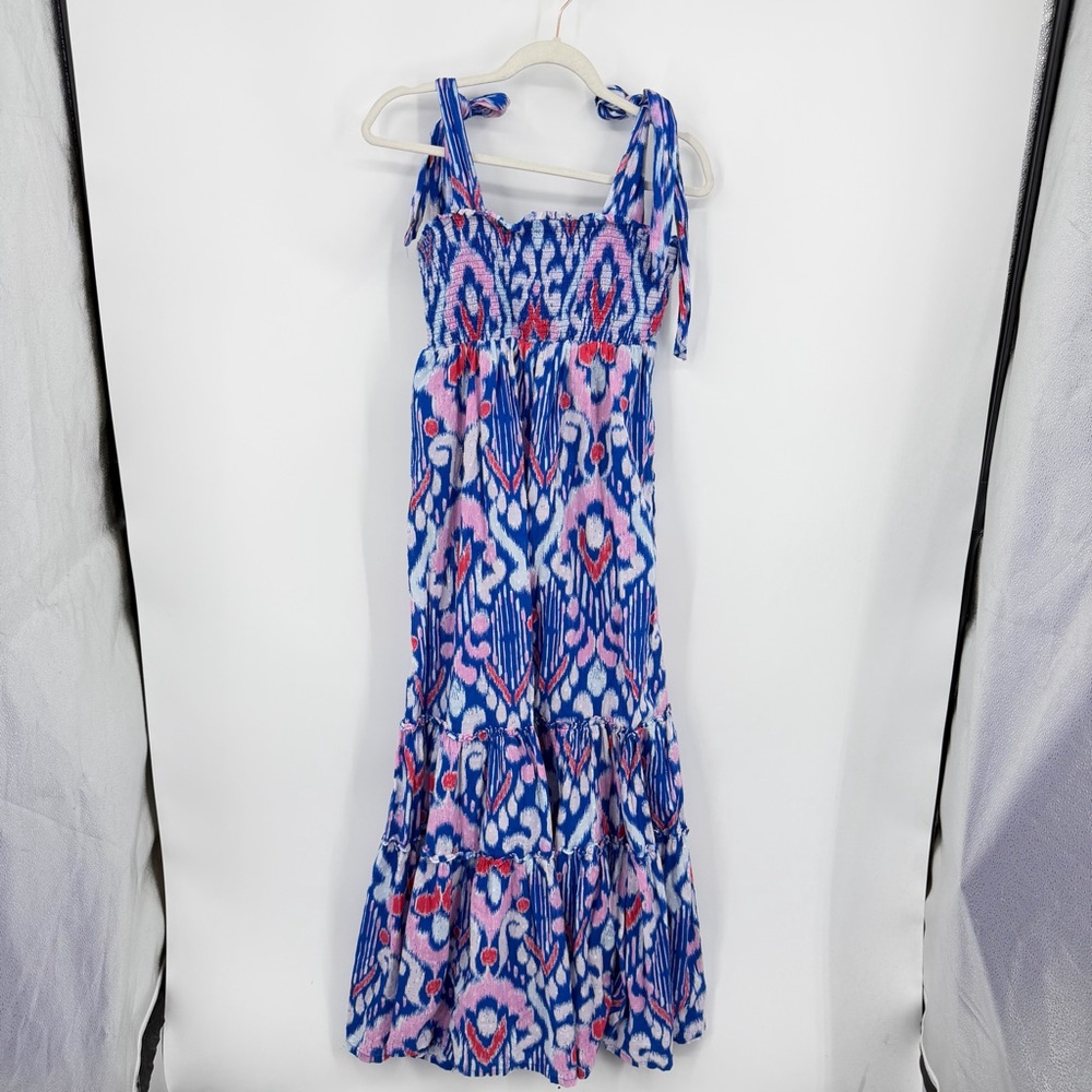 Crown &‎ Ivy Blue Ikat Tiered Boho Maxi Dress, Size Medium